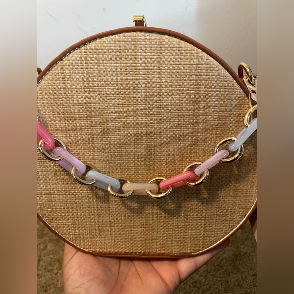 Tan/brown handbag with pastel colors